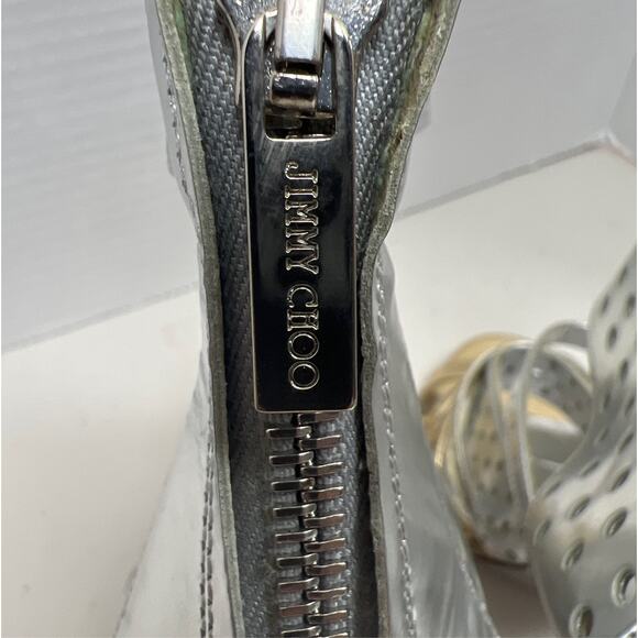 Jimmy Choo Silver Foil Leather Malika Perforated Sandals Size 36.5 - Picture 9 of 17